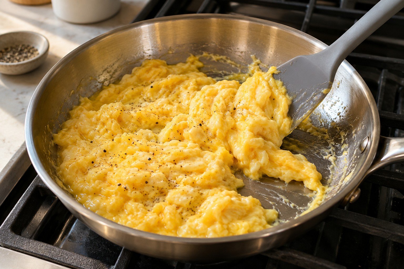 Scrambled eggs in stainless steel being folded gently with a silicone spatula