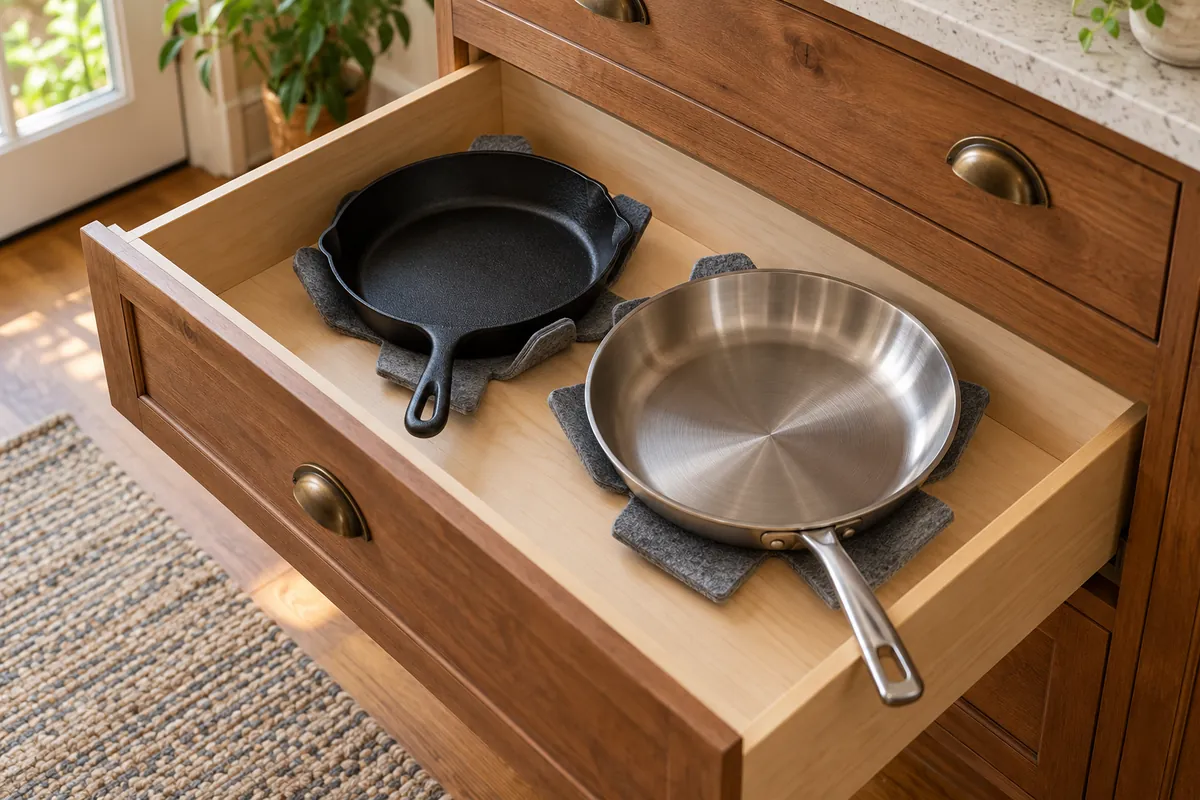 Cast iron and stainless steel frying pans arranged inside a kitchen drawer