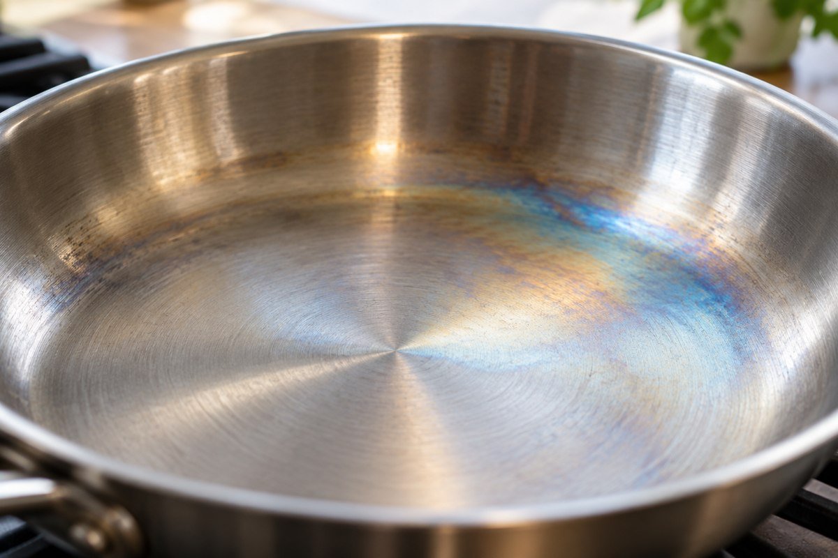 Stainless steel pan rainbow stains appearing as blue and gold heat tint