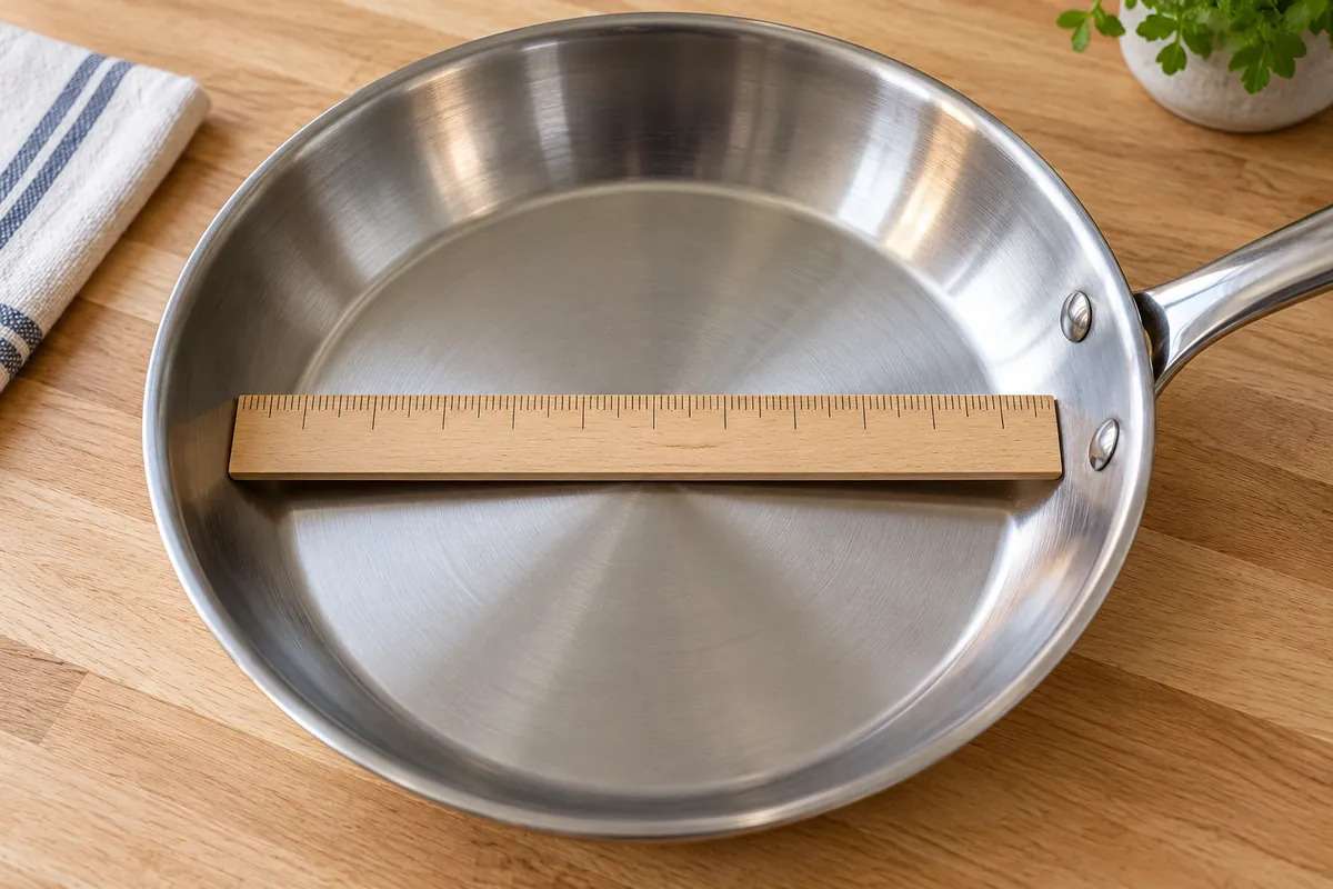 Wooden ruler across the flat interior of a stainless steel frying pan