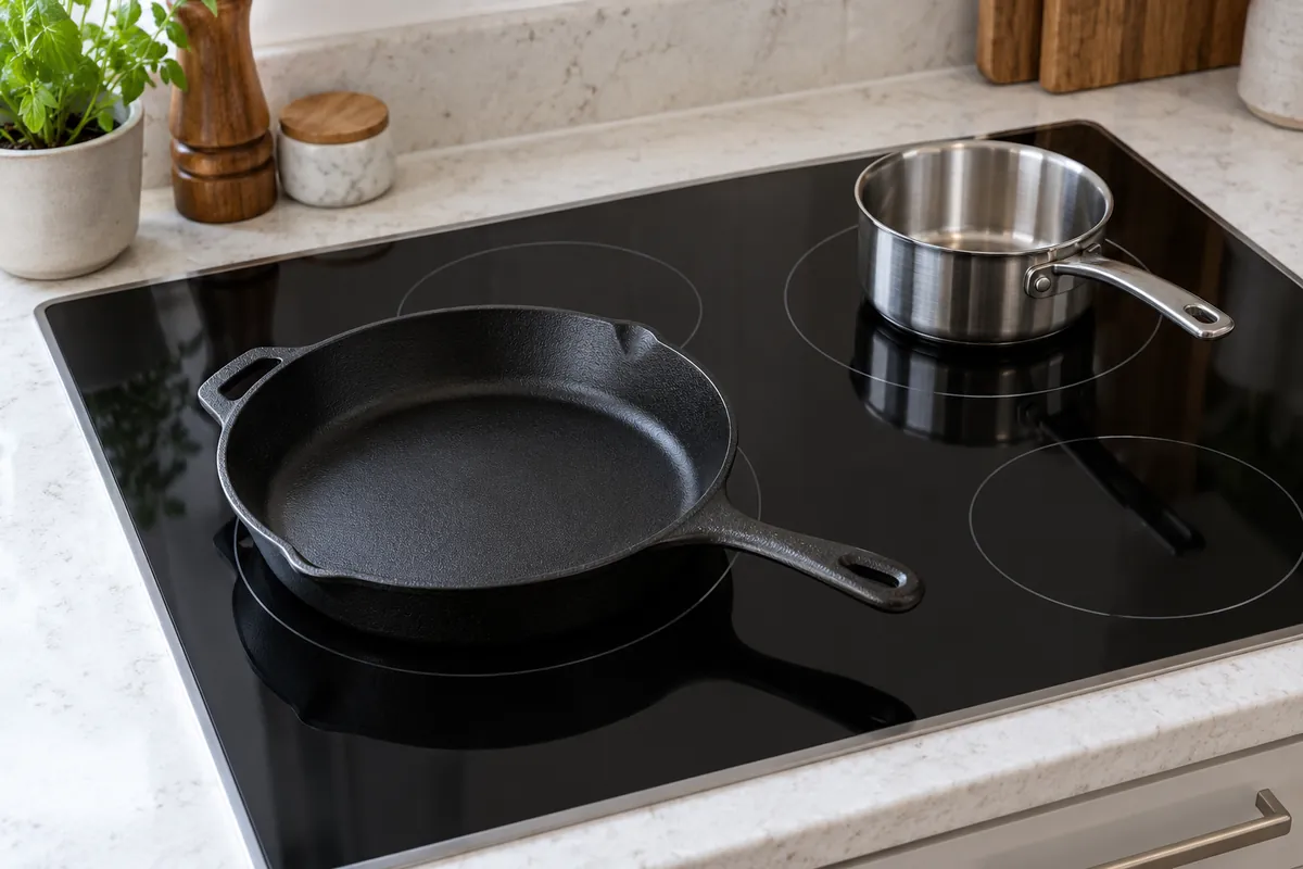 Cast iron skillet beside a saucepan on an unlit induction cooktop