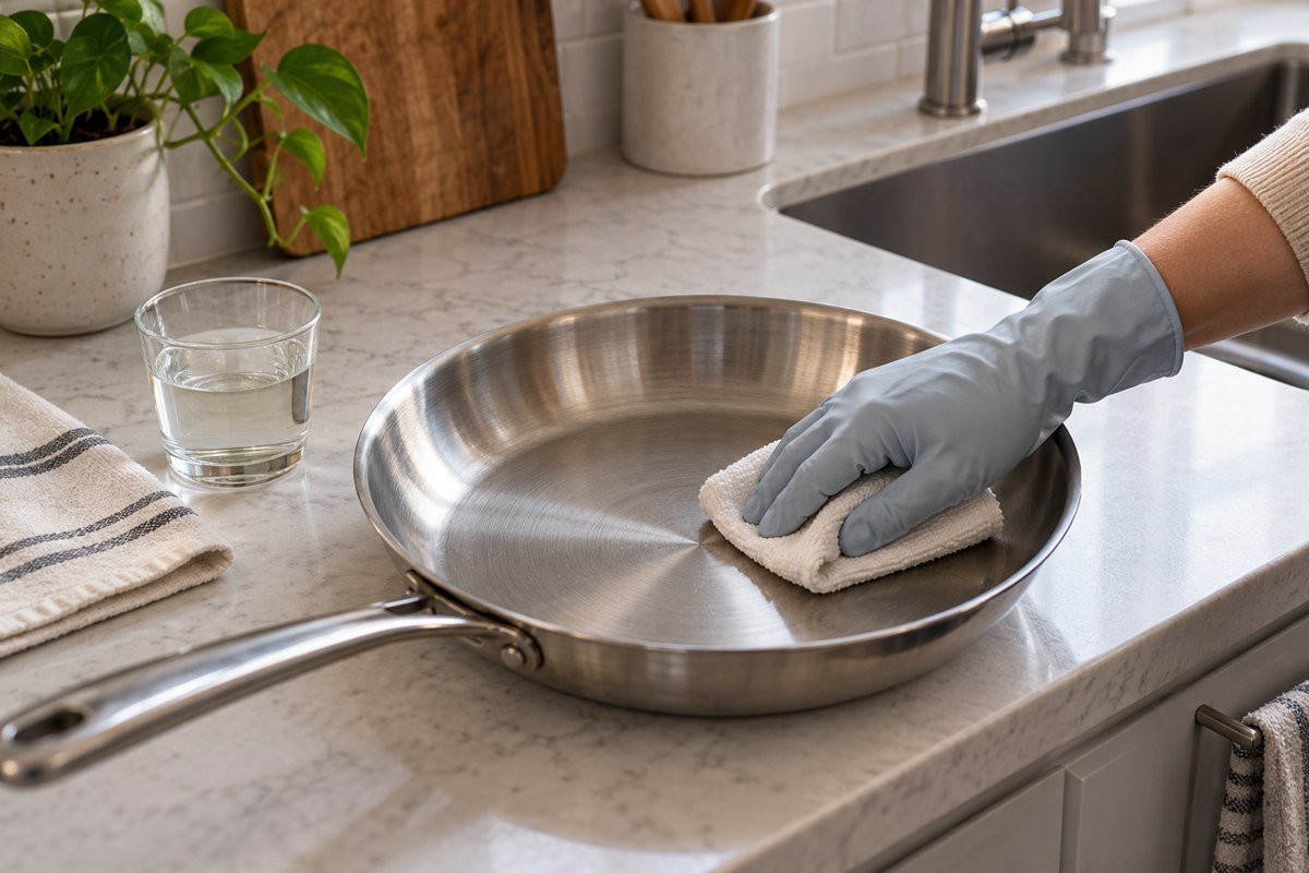 Gently wiping stainless steel pan rainbow stains with a soft cloth